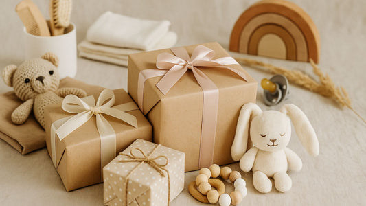 Des cadeaux de naissance posée sur une table.