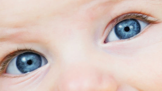 Gros plan sur des yeux bleu d'un bébé.