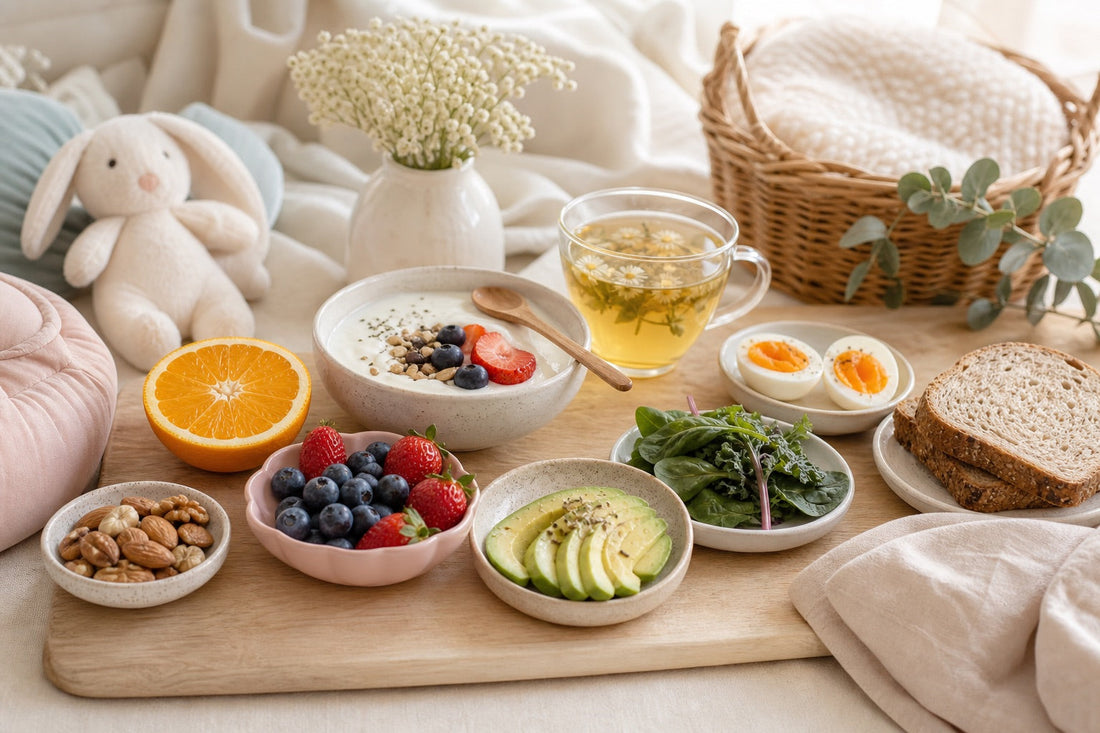 Repas sain de grossesse, aliments frais sur une planche en bois