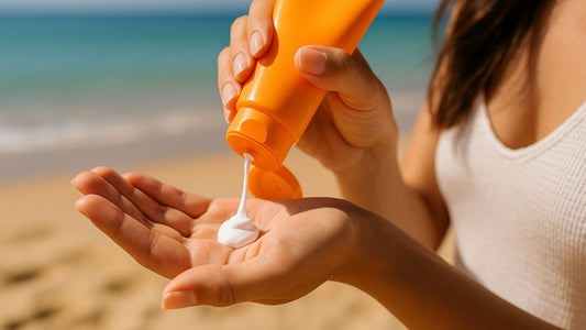 une femme versant de la crème solaire sans perturbateur endocrinien dans la paume de sa main