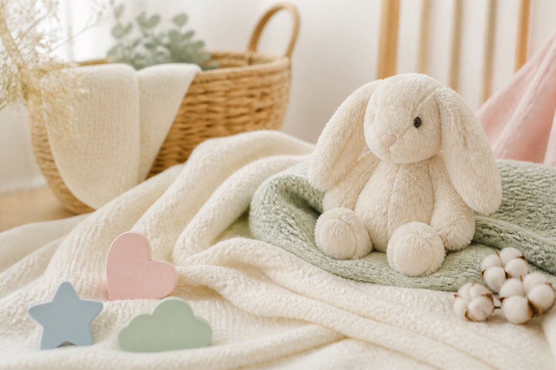 Chambre de bébé douce, couverture et peluche, ambiance rassurante