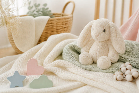 Chambre de bébé douce, couverture et peluche, ambiance rassurante
