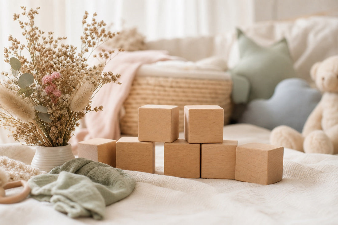 Fleurs séchées et cubes prénom en bois sur lin crème