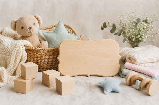 Plaque de prénom en bois et cubes lettres dans une chambre de bébé
