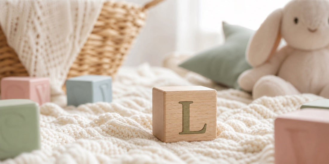 Cube en bois lettre L parmi des jouets pastel et un lapin en peluche dans une chambre de bébé