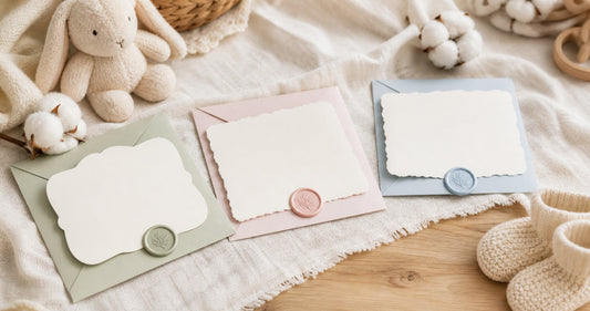 Faire-part de naissance élégants avec enveloppes et cachet de cire sur lin crème
