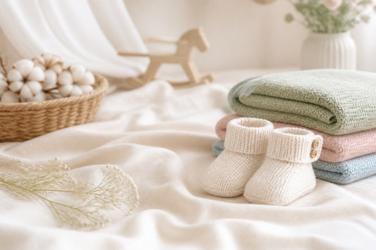 Chaussons tricotés de nouveau-né et couverture délicate sur lin crème