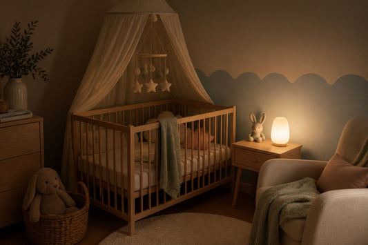 Chambre de bébé apaisante la nuit avec une veilleuse à la lueur douce