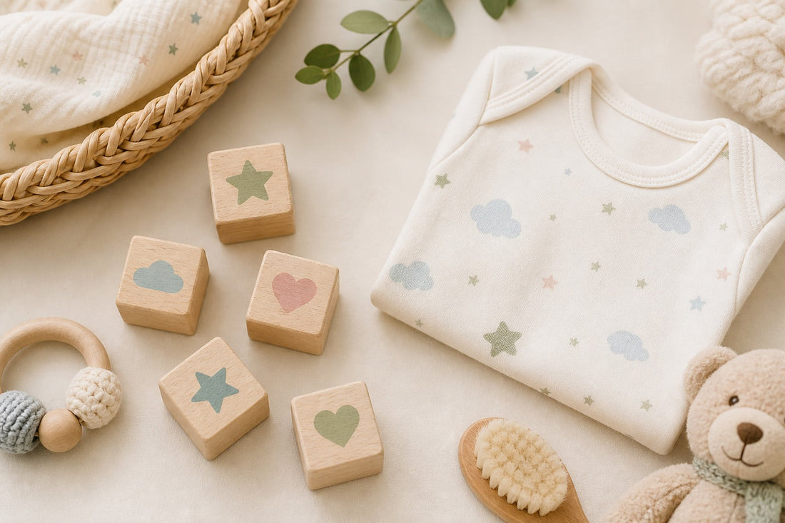 Cubes alphabet en bois et body de bébé sur fond crème