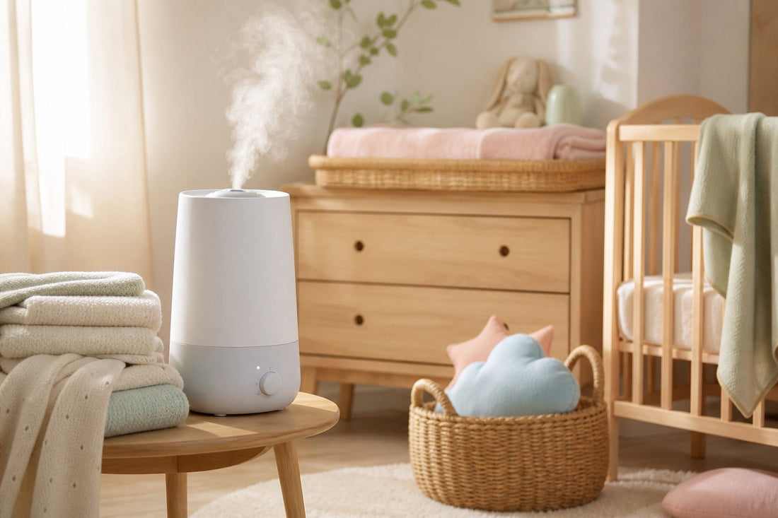 Coin chambre de bébé avec humidificateur diffusant une brume douce